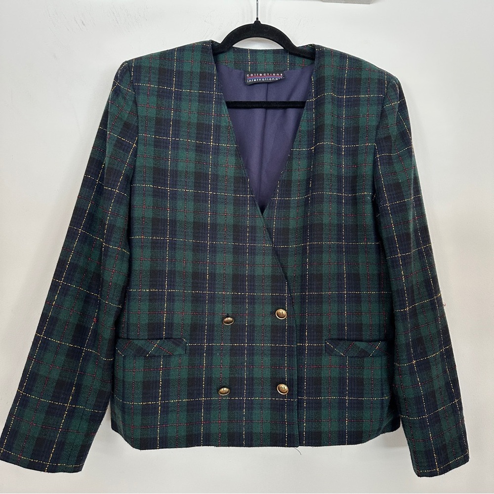 Vintage Plaid Blazer Collarless Double Breasted Wool Blend Green Navy Size M
